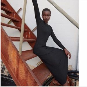 New Zara Ribbed Knit Long Sleeve Midi Dress in Black